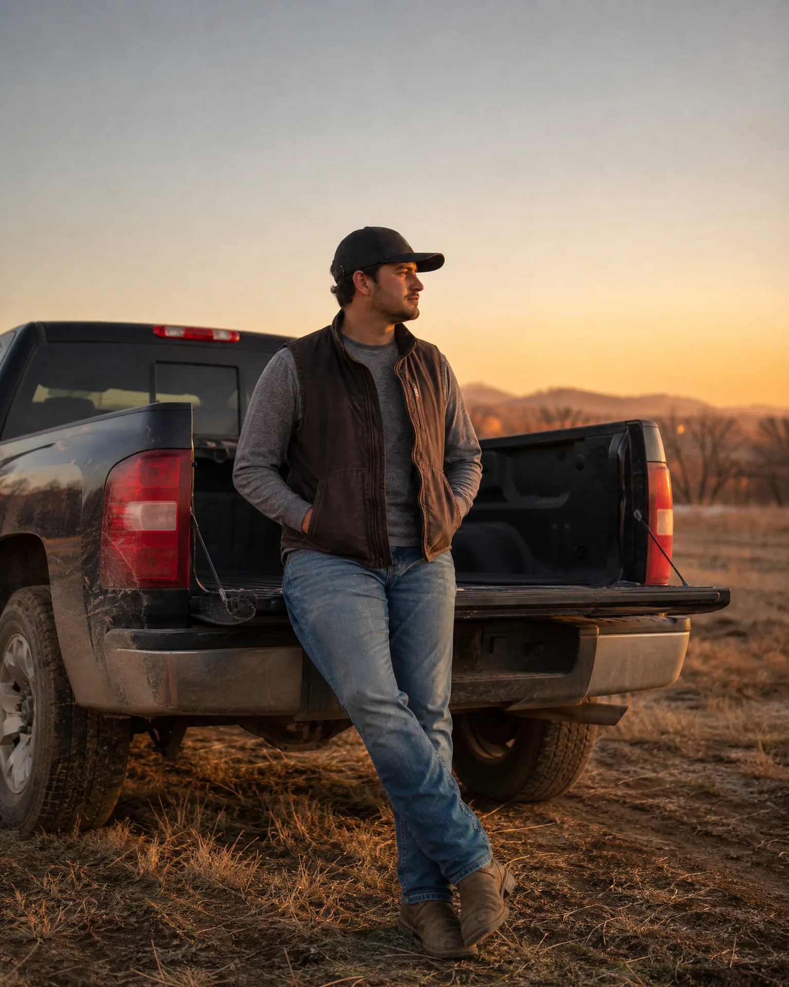 A man in a cap, vest and jeans leans against the open tailgate of a dark pickup truck in a dry grass field, with distant hills and a sunset sky behind him.