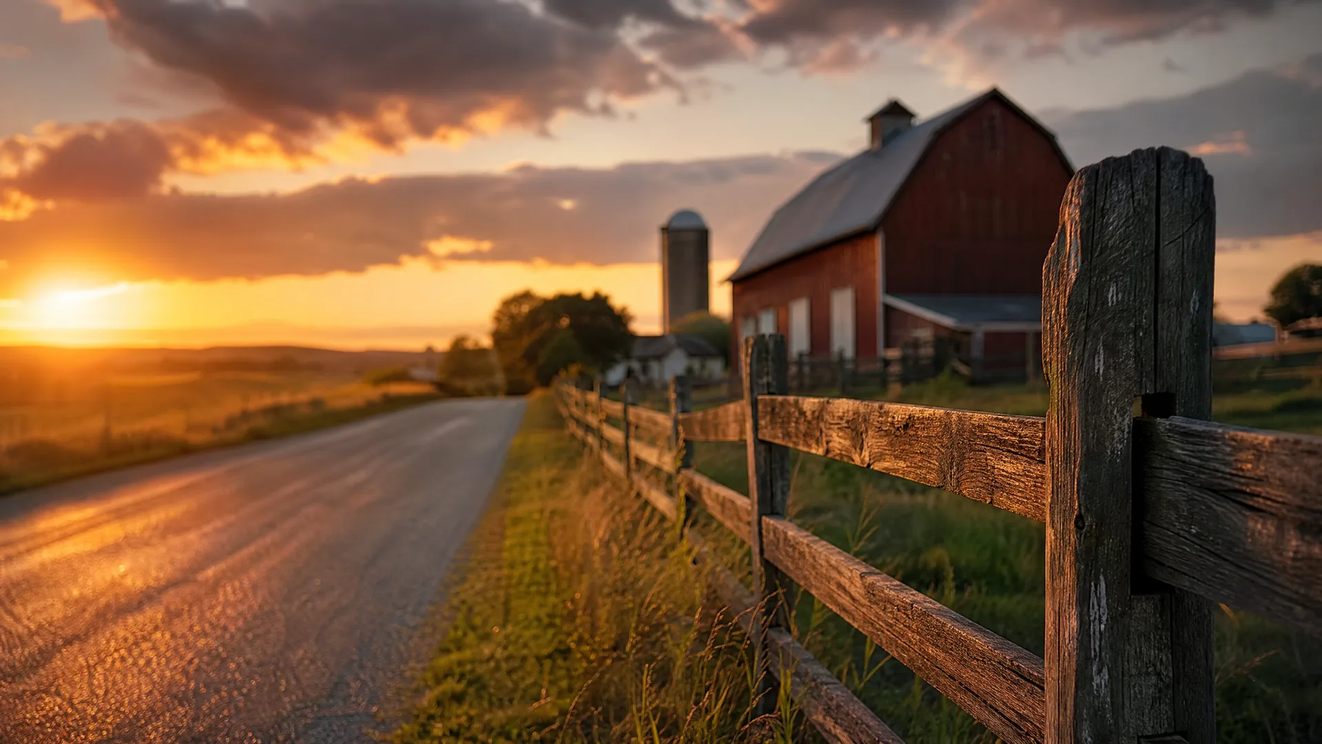 A weathered wooden post-and-rail fence runs beside a paved rural road at sunset, with a red barn and silo in the background.